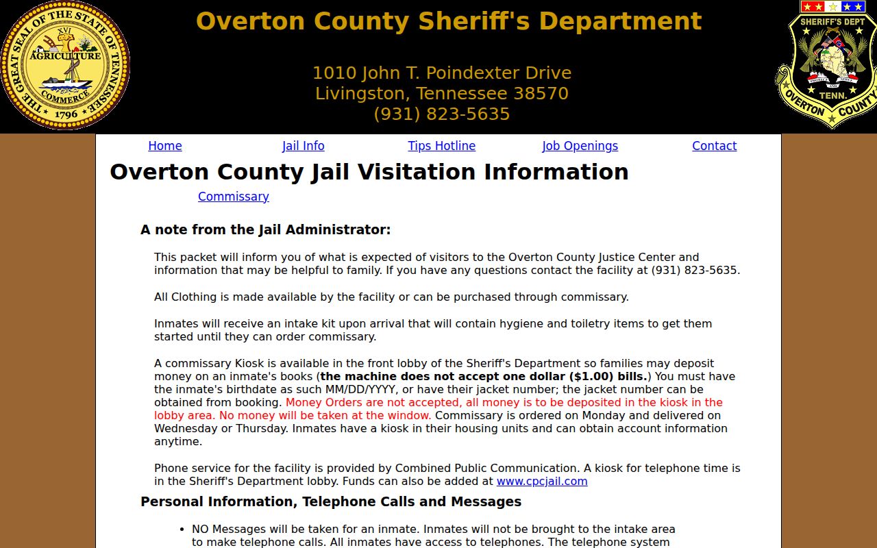 Overton County arrest custody and jail visitation information