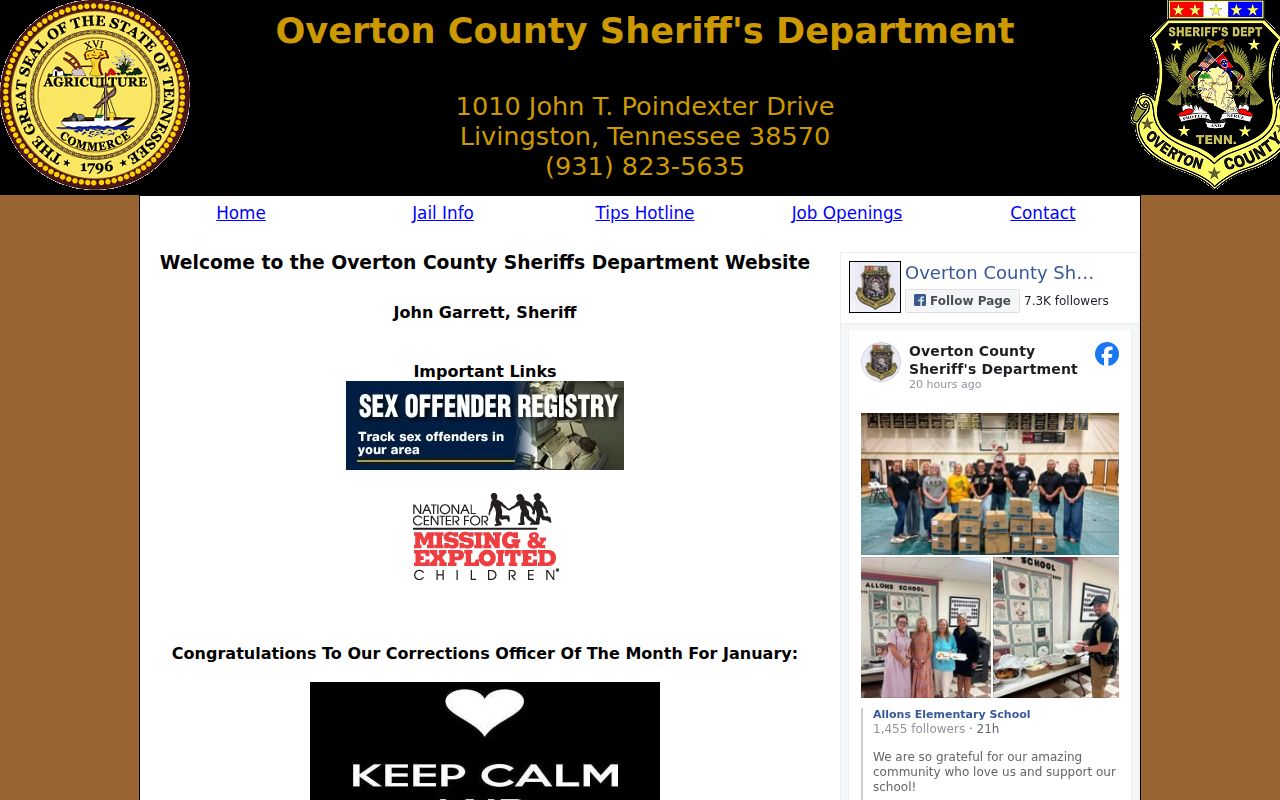 Overton County criminal records access on the Sheriff homepage