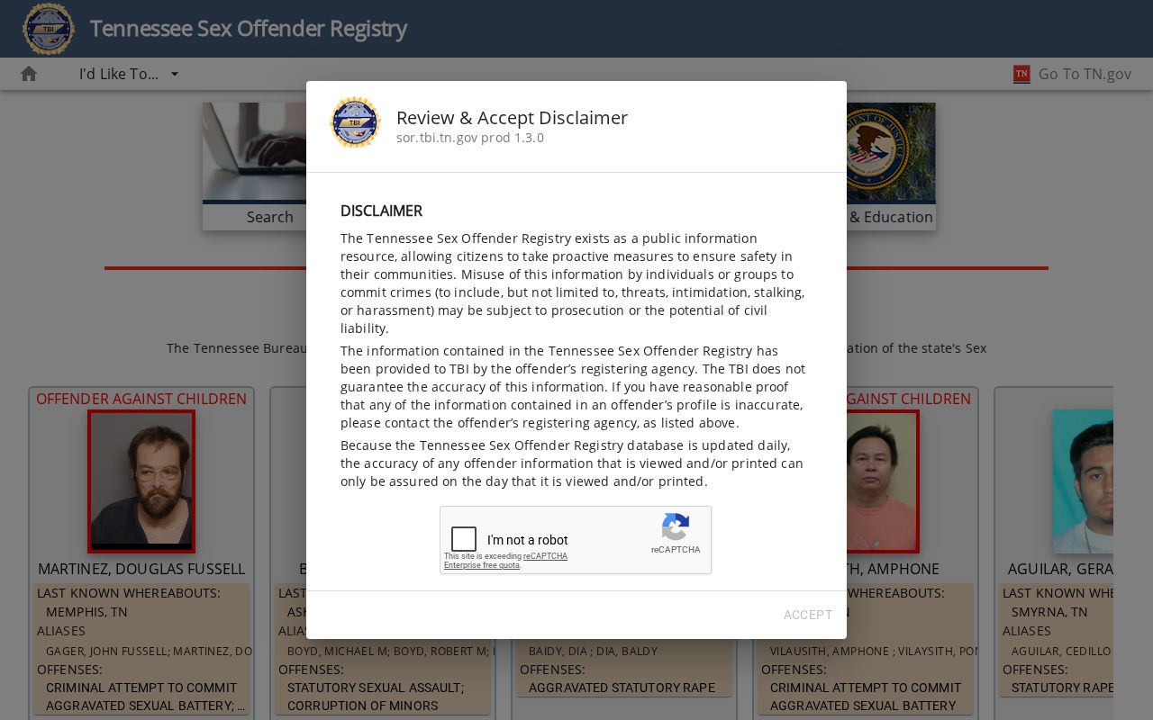 Overton County sex offender search on the official TBI registry