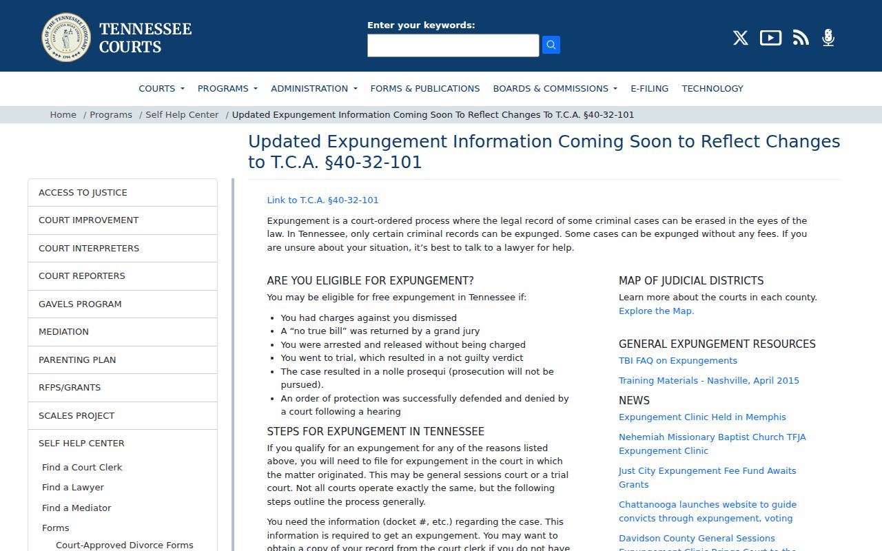 Overton County criminal record expungement information from Tennessee courts